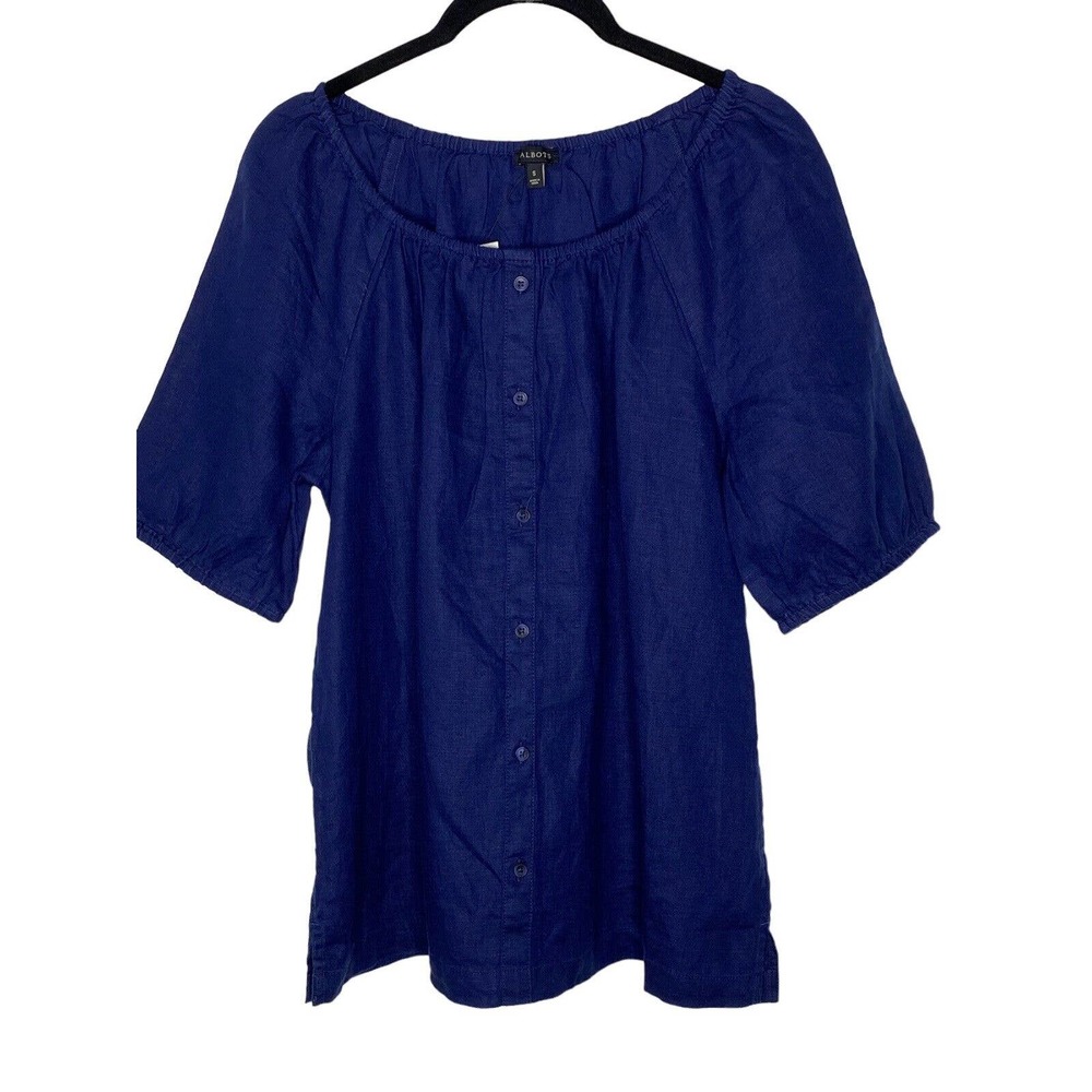 NWT Talbots Womens 100%‎ Linen Blouse Small Elastic Neckline Button Front Blue